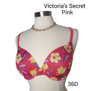Victoria's Secret PINK 36D Bra Wear Everywhere T-Shirt Pink Floral Bra 36D